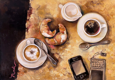 Schilderij getiteld "Coffee for two" door Nadia Lysakowska, Origineel Kunstwerk, Olie Gemonteerd op Frame voor houten branca…