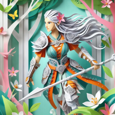 Arts numériques intitulée "Papercraft Warrior:…" par Alberto Capitani, Œuvre d'art originale, Image générée par l'IA