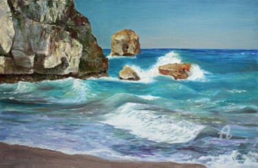 Painting titled "In Caribbean Waters" by Vladimir Volosov, Original Artwork, Oil Mounted on Wood Stretcher frame