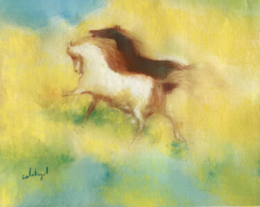 Disegno intitolato "2 chevaux galopant" da Ivan Calatayud, Opera d'arte originale, Matite colorate