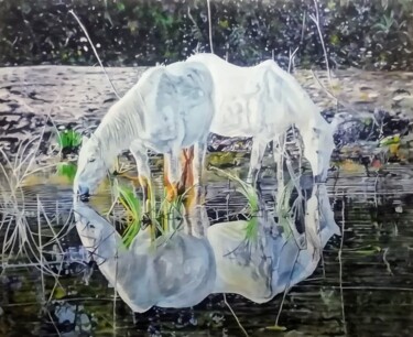 Peinture intitulée ""Reflets de Camargu…" par Philippe Lemesle, Œuvre d'art originale, Huile Monté sur Châssis en bois