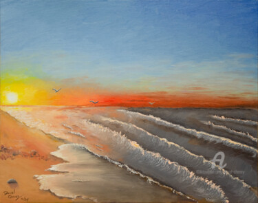 Painting titled "Beach Sunset" by Daniel Cheney, Original Artwork, Oil Mounted on Cardboard