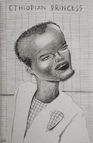 Drawing titled "Ethiopian princess" by Milto Sideris, Original Artwork, Ballpoint pen