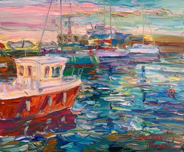 「«Орион» у причала.」というタイトルの絵画 Василий Шихановによって, オリジナルのアートワーク, オイル ウッドストレッチャーフレームにマウント