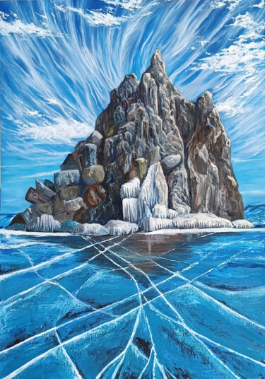 Painting titled "Winter Baikal" by Anna Bychkova, Original Artwork, Oil Mounted on Wood Stretcher frame