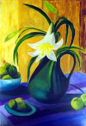 Painting titled "pot vert aux lys" by Marjyne, Original Artwork, Oil