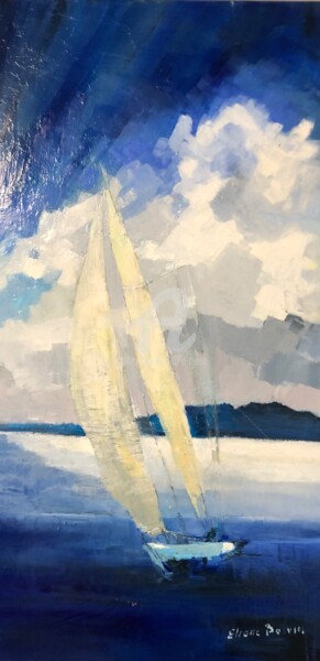 Painting titled "Nuages blancs" by Eliane Boivin, Original Artwork, Oil Mounted on Wood Stretcher frame