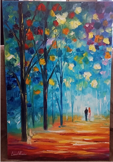 绘画 标题为“Blue Forest” 由Leonid Afremov Art, 原创艺术品, 油 安装在木质担架架上