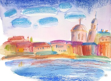 Venice view with canal, watercolor and oil pastel 绘画 标题为“Venice view with ca…” 由Ludmila Kuchina, 原创艺术品, 水彩