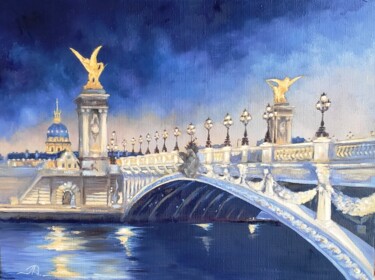 Schilderij getiteld "Le pont Alexandre I…" door Lidia Marinova, Origineel Kunstwerk, Olie Gemonteerd op Frame voor houten br…