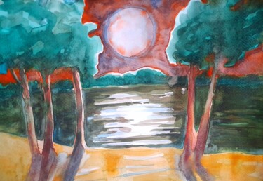 绘画 标题为“Lake at night” 由Alexey Zhucovsky, 原创艺术品, 水彩