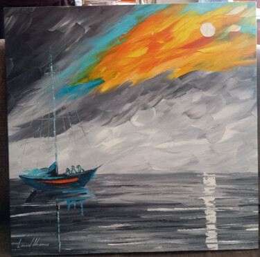 绘画 标题为“Boat in the Sea” 由Leonid Afremov Art, 原创艺术品, 油 安装在木质担架架上