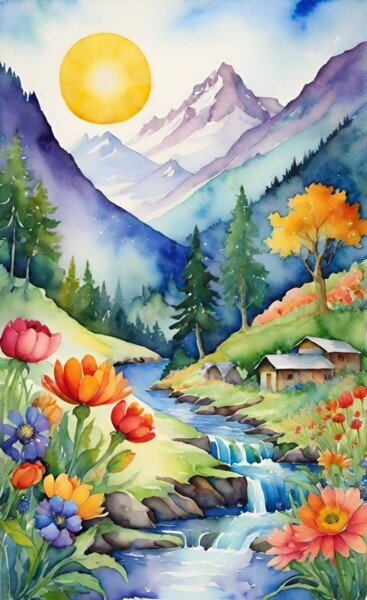 Arts numériques intitulée "MountainFlow" par Steve Woodward, Œuvre d'art originale, Aquarelle