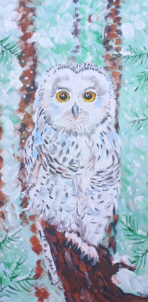 Schilderij getiteld ""Barn owl in the sn…" door Marily Valkijainen, Origineel Kunstwerk, Acryl Gemonteerd op Frame voor hout…