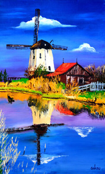 Pintura titulada "Moulin à vent au bo…" por Samuel Kouyoumdjian, Obra de arte original, Oleo Montado en Bastidor de camilla…