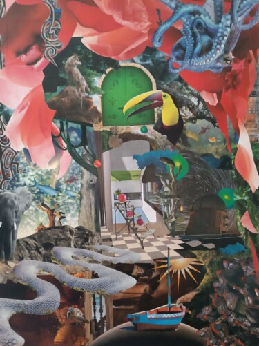 Collages titled "L'idée exaltante du…" by Fc, Original Artwork, Collages Mounted on Wood Stretcher frame