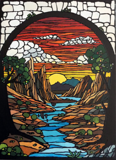 ART NOUVEAU "Susurros del crepúsculo en el valle" 绘画 标题为“ART NOUVEAU "Susurr…” 由Ferrero Art, 原创艺术品, 丙烯 安装在木质担架架上