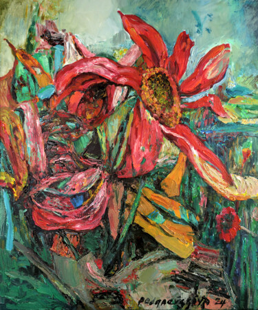 Landscape with red flower 绘画 标题为“Landscape with red…” 由Marina Podgaevskaya, 原创艺术品, 丙烯 安装在木质担架架上