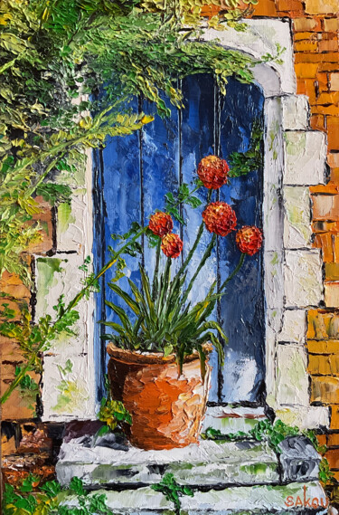 제목이 "Les alliums rouges"인 미술작품 Samuel Kouyoumdjian로, 원작, 기름 나무 들것 프레임에 장착됨