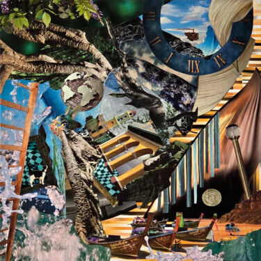 Collages titled "Eaux vives" by Fc, Original Artwork, Collages Mounted on Wood Stretcher frame