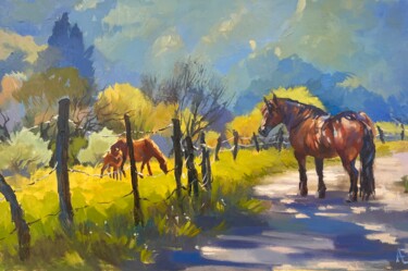 Chevaux dans les montagnes. Pays Basque Peinture intitulée "Chevaux dans les mo…" par Elena Recondo, Œuvre d'art originale, Huile Monté sur Châssis en bois