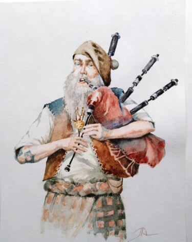 Schilderij getiteld "Le joueur de cornem…" door Lidia Marinova, Origineel Kunstwerk, Aquarel