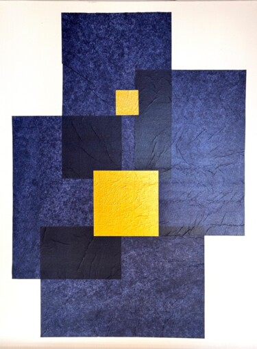 Collages titled "BLEU ET OR 1" by Aude De Saint-Sulpice, Original Artwork, Collages Mounted on Wood Stretcher frame