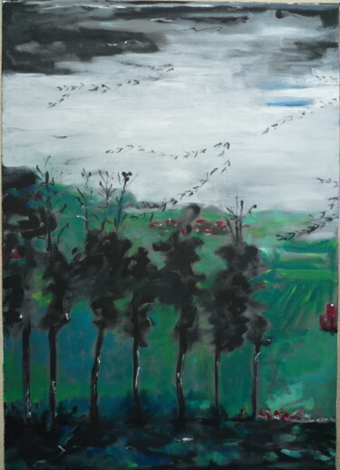 Malerei mit dem Titel "Kraniche auf dem Rü…" von Harald Lange, Original-Kunstwerk, Acryl Auf Keilrahmen aus Holz montiert