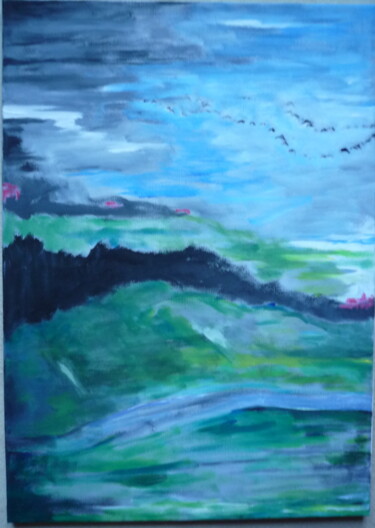 Malerei mit dem Titel "Kraniche im Februar" von Harald Lange, Original-Kunstwerk, Acryl Auf Keilrahmen aus Holz montiert