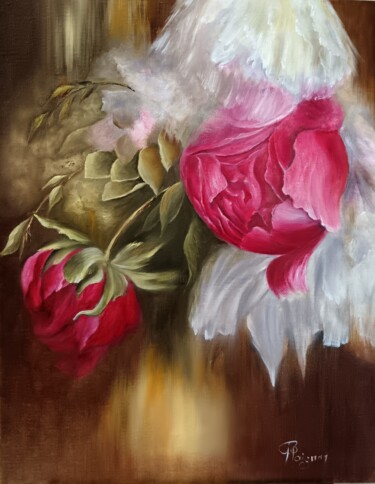 Schilderij getiteld "Pivoines" door Regine Maignan, Origineel Kunstwerk, Olie Gemonteerd op Frame voor houten brancard