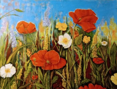 "Summerflowers in a…" başlıklı Tablo Margriet Van Hees tarafından, Orijinal sanat, Petrol Ahşap Sedye çerçevesi üzerine mont…