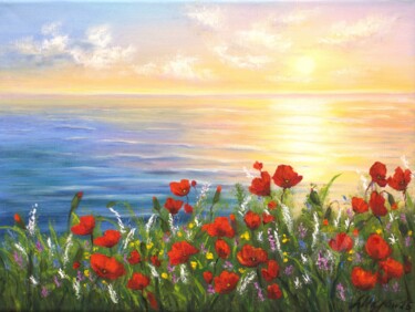 Malerei mit dem Titel "Poppy meadow by the…" von Ludmilla Ukrow, Original-Kunstwerk, Öl Auf Keilrahmen aus Holz montiert