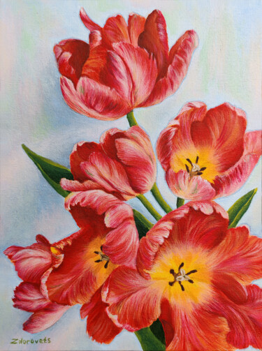 Flame of spring Painting titled "Flame of spring" by Olya Zdorovets, Original Artwork, Acrylic Mounted on Cardboard