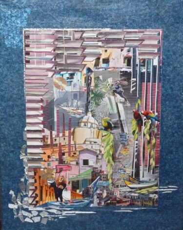 Collages getiteld "Disque d'or" door Fc, Origineel Kunstwerk, Collages Gemonteerd op Frame voor houten brancard