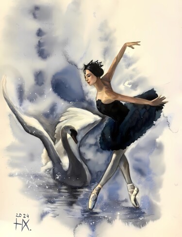 Watercolor magic: Graceful ballerina and white swan . Painting titled "Watercolor magic: G…" by Natal A Hudakova, Original Artwork, Watercolor