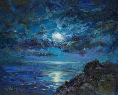 Painting titled "Moon seascape" by Alisa Onipchenko-Cherniakovska, Original Artwork, Oil Mounted on Wood Stretcher frame