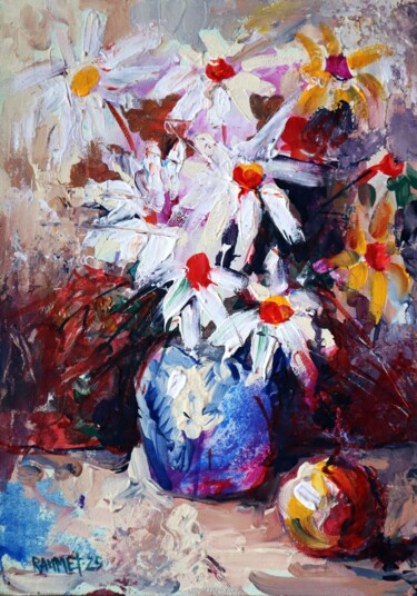 Painting titled "Flowers 11" by Rakhmet Redzhepov, Original Artwork, Oil Mounted on Cardboard