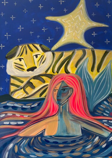 绘画 标题为“La sirène et le tig…” 由Aurelie Assemat, 原创艺术品, 丙烯 安装在木质担架架上