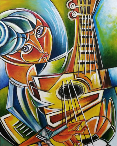 "Guitarist Woman #M3…" başlıklı Tablo Thomas Lange tarafından, Orijinal sanat, Petrol Ahşap Sedye çerçevesi üzerine monte ed…