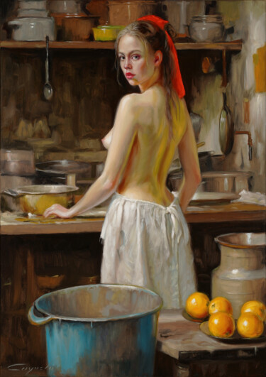绘画 标题为“IN THE OLD KITCHEN” 由Angel Cayuela, 原创艺术品, 油 安装在木质担架架上