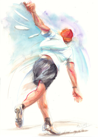 Painting titled "FRISBEE PLAYER. #2" by Irene Bibik-Chkolian, Original Artwork, Watercolor