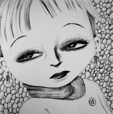 Disegno intitolato "Big eyed - 45" da Milto Sideris, Opera d'arte originale, Biro