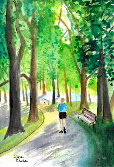Marine Park Jogger Watercolor Art - Brooklyn Park Running 绘画 标题为“Marine Park Jogger…” 由Luba Kholov, 原创艺术品, 水彩