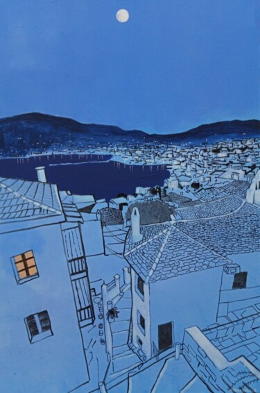 Painting titled "Full moon over Skop…" by Tam Nightingale, Original Artwork, Acrylic Mounted on Wood Stretcher frame