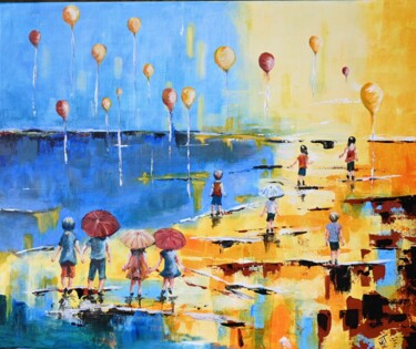 Chapeaux-parapluie et Ballons sur le sable Schilderij getiteld "Chapeaux-parapluie…" door Marie-Laure Tournier, Origineel Kunstwerk, Acryl Gemonteerd op Frame voor hou…