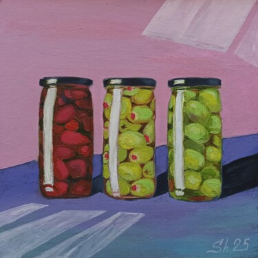 Olives Original Jars of Olives Painting Kitchen Still Life Malarstwo zatytułowany „Olives Original Jar…” autorstwa Svetlana Sindere, Oryginalna praca, Olej Zamontowany na Karton