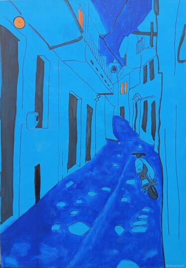 Painting titled "Late night in Skope…" by Tam Nightingale, Original Artwork, Acrylic Mounted on Wood Stretcher frame
