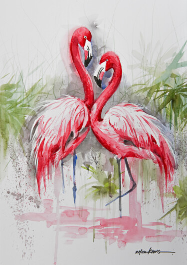 绘画 标题为“Flamingos” 由Kang Zhou, 原创艺术品, 水彩