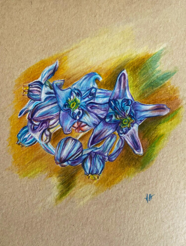 Painting titled "Fleur bleue" by Anne Brigaud, Original Artwork, Pencil