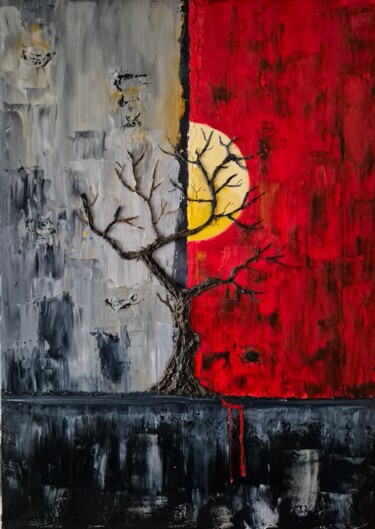 Painting titled "Dualité et Nature" by Jean François Santiago, Original Artwork, Oil Mounted on Wood Stretcher frame